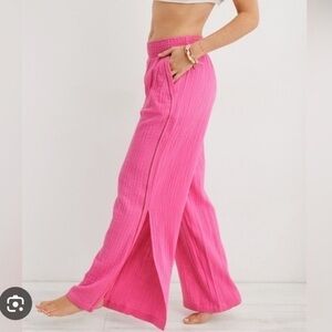 Aerie Pink Wide Leg Split Hem Cotton Pants